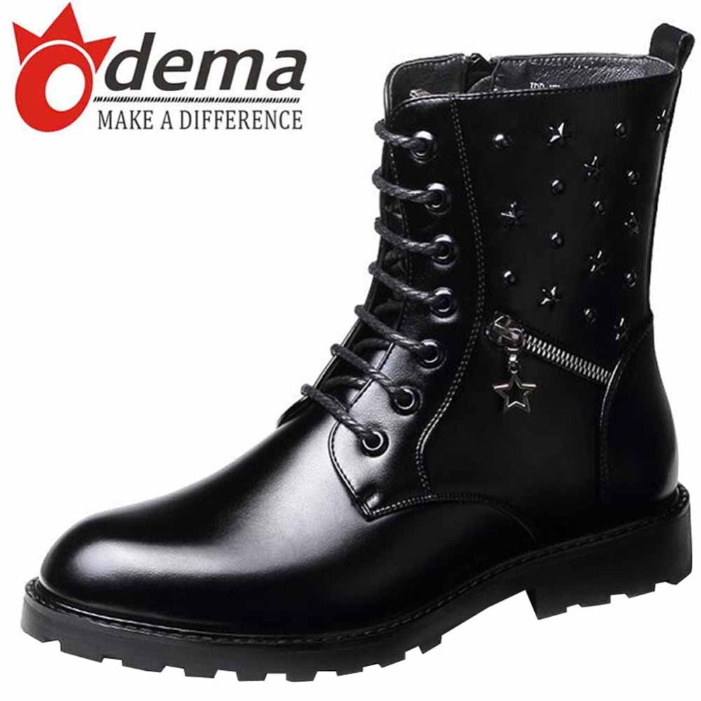 ODEMA New 2016 Winter Warm Plush Men Boots Fashion Rivets Black Martin Boots Top Genuine Leather Men's Casual Short Boots