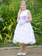 Hot Selling Scoop White Lovely Princess Ball Gown Floor-length With Purple Sashes Pretty Flower Girl Dress Free Shipping