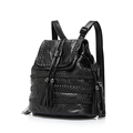 Genuine Leather Knitting Backpack Women 2016 New Sheepskin Drawstring Flap Bag Solid Color Woven Pattern Preppy
