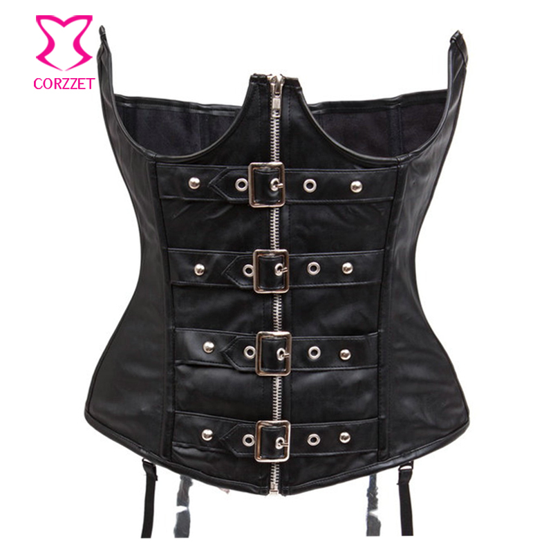 Black Faux Leather Zipper Waist Cincher Waist Training Corsets Steel