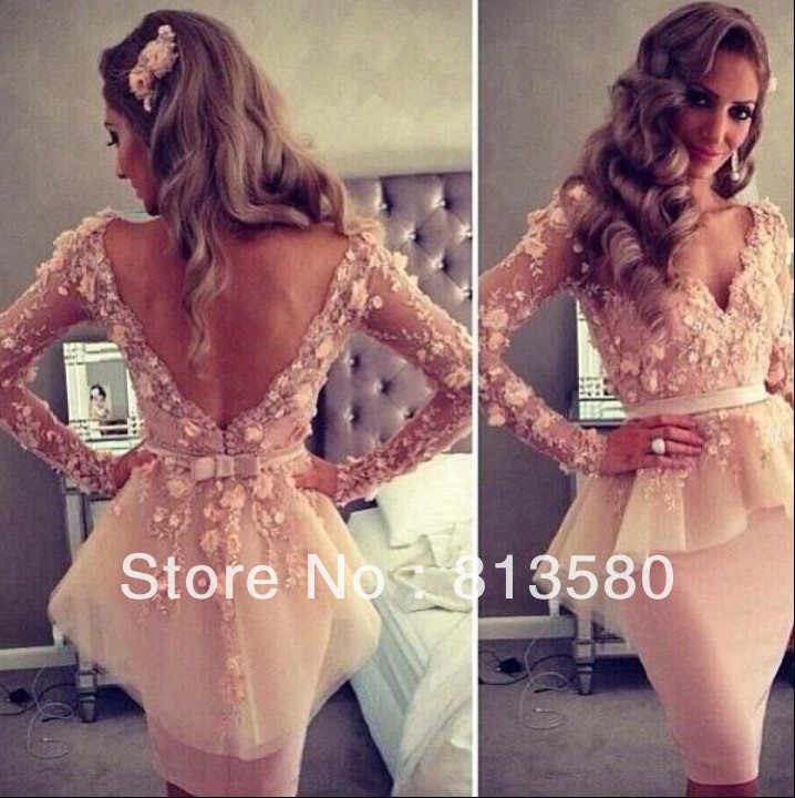Hot Sales New Sexy 2013 manches longues rose col v Myriam Fares Celebrity robes gaine courte robe du soir image réelle(China (Mainland))