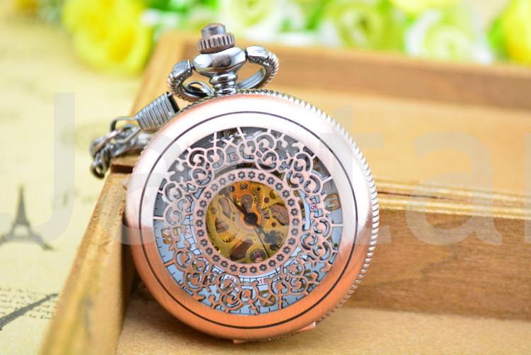 Unisex Vintage Rose RED Style Mechanical Pocket Watch for Women Men Antique Watches Best Gift Skeleton