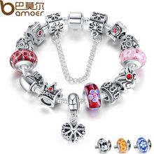 BAMOER Queen Jewellery Silver Charms Bracelet & Bangles With Queen Crown Beads Bracelet for Ladies PA1823