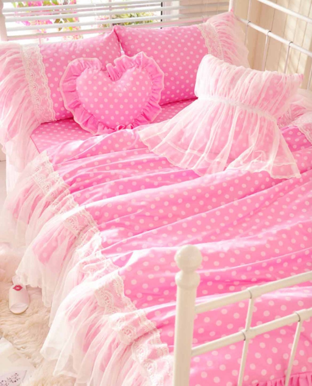 Cute Pink Polka Dot Bedding Set Teen Girl Cotton Twin Full Queen