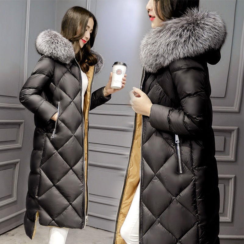 2015 Winter Thicken Warm Women Down Jacket Female Coat Parkas  Slim Long Outerweat Luxury Hooded Real Raccoon Fur Collar Leopard