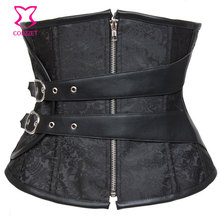 Black Brocade Steel Boned Bustier Corset Tight Lacing Corpetes Steampunk Corselet Underbust Waist Training Corsets With Zipper