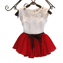 HOT 2016 baby girls clothing sets pleated lace stitching vest 2 PCE children casual skirt suit Girls fashion lace suit 7 color