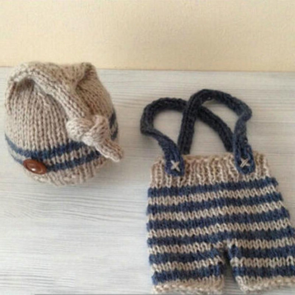 Newborn Baby Photography Props Infant Knit Crochet Costume Striped Soft Outfits Elf Beanie Hat+Bib Pants Sets Baby Shower Gift