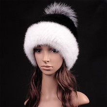 Women’s hats a cap snapback large fox ball cap thicker multicolor mink earmuffs warm fur hat knitted Beanie hat Russian style