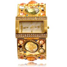 Amazing Women’s Golden Bracelet Watch with Graceful Multi Color Diamond Decoration, gold analog hollow engraving women watches