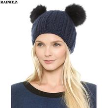 Cute Animal Hats Woman Winter Hat Pom Pom Fur Knitted Beanies With Cat Ears Solid Fashion Designer Caps Blue Black Pink