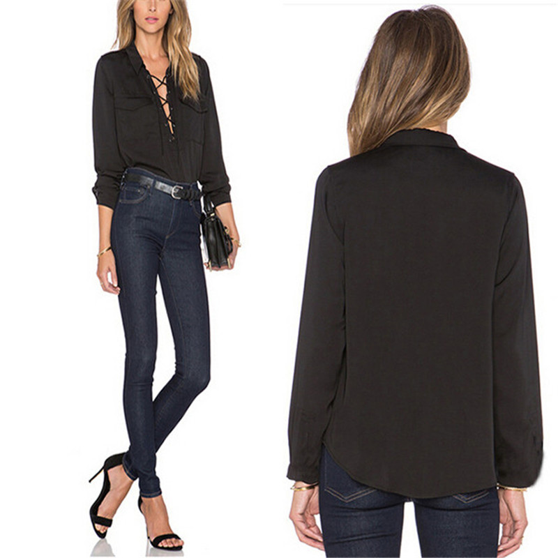 ZANZEA 2018 Women Chiffon Blouse Summer Blusa Turn Down Collar Sexy Deep V Front Lace Up Long Sleeve Shirt Casual Tops Plus Size aeProduct.getSubject()