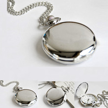 Retro Fashion Mirror Smooth Silver Women Men Quartz Pocket Watch Pendant Necklace + Stainless Chain