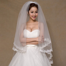 Wedding Accessories 2015 Appliques Tulle Short Wedding Veil Lace Edge Bridal Veil with Comb veu de noiva longo Free Shipping
