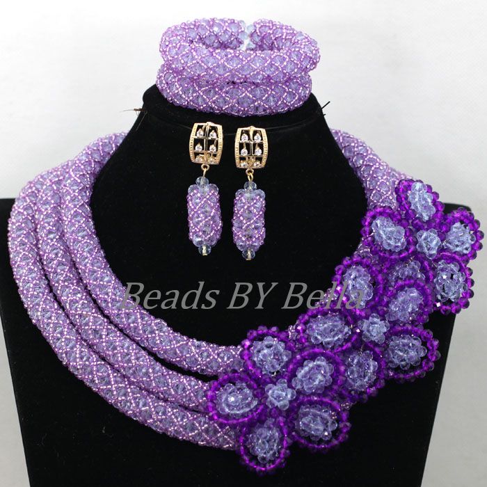 Latest Braid Flower Bridal Lace Jewelry Sets For Women New African Wedding Beads Lilac Crystal Jewelry Set Free Shipping ABK473