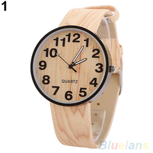 Mujeres de cosecha de madera de grano de cuero de imitación de bronce números romanos analógica vestido de pulsera de cuarzo 1UAK 2UTU
