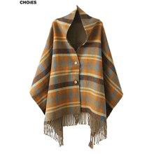 CHOIES Women Plaid Tartan Scarf Fall Winter 2015 New Tassels Button Down Faux Cashmere Shawl Poncho Cape Wrap Warm Pashmina