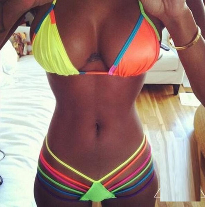 New 2015 Bandage Bathing suit Beachwear Top Striped Block Bandage swumsuit push up bikinis set swimwear women Bath suit (7)