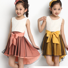 Summer chiffon lace stitching princess dress, girl dress Korean vest, bow dovetail princess dress, performance clothing