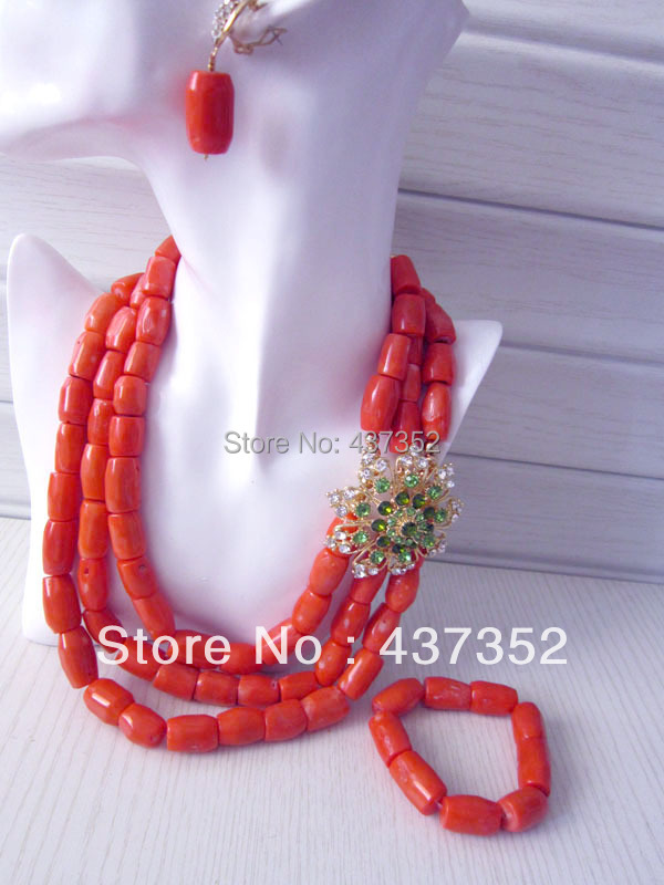 New Design Fashion Nigerian Wedding African Pink Coral Beads Jewelry Set Necklace Bracelet Clip Earrings CWS-156