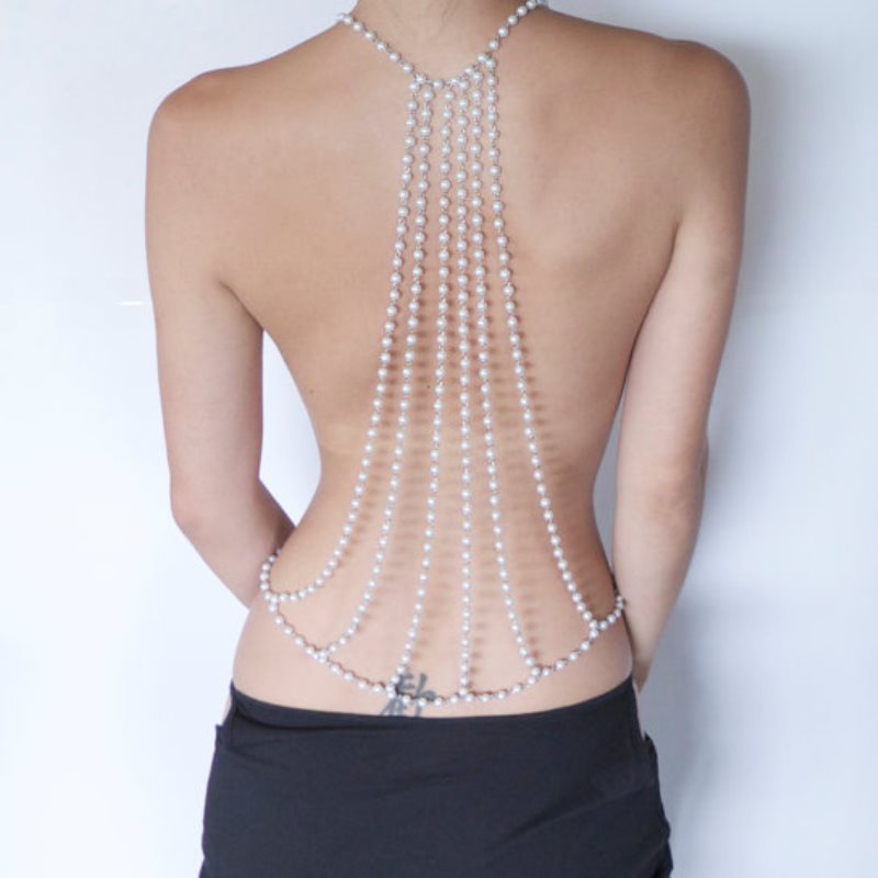 2016 New Fashion Sexy Backdrop Pearl Body Chain Necklace Back Body Chain Beach Jewelry Wedding 0128