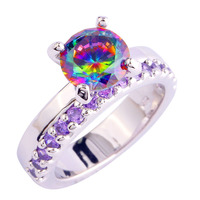 Pretty and Colorful Round Cut Rainbow Topaz & Amethyst Jewelry 925 Silver Ring Size 6 7 8 9 10 11 12 Wholesale Free Shipping