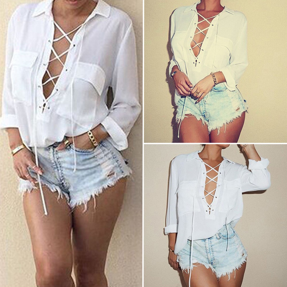 ZANZEA 2018 Women Chiffon Blouse Summer Blusa Turn Down Collar Sexy Deep V Front Lace Up Long Sleeve Shirt Casual Tops Plus Size aeProduct.getSubject()