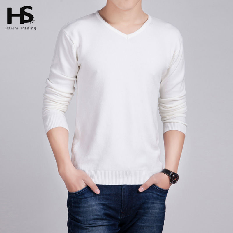 HS Solid Color Pullover Men Wool Cashmere Sweater Men 2016 Famous Brand Mens V Neck Sweaters