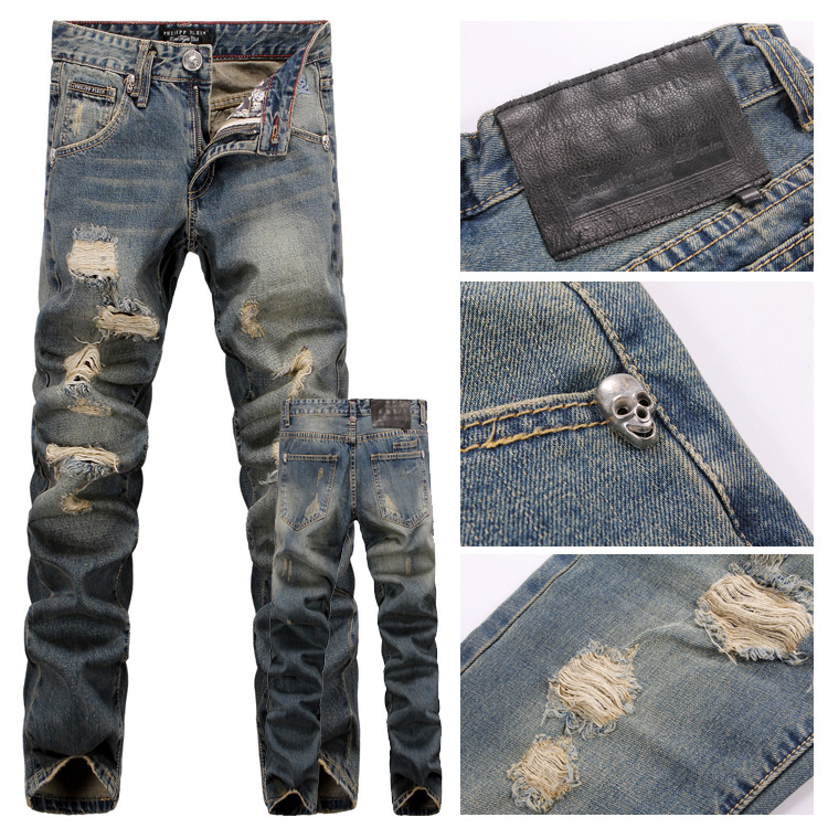 2015 New Men Classic Skull Designer Skinny Jeans, High Quality Ripped Jeans, Famous Brand Straight Denim Jeans Pants