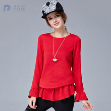On sale L-5XL plus size women ruffles sweater red fashion women autumn knitted pullover 2015