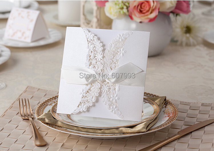 Buy Exquisite laser cut lace invitation card with ribbon for wedding ...