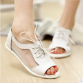2016 summer white blue genuine leather breathable mesh fish head sandals women flat shoes singles shoes