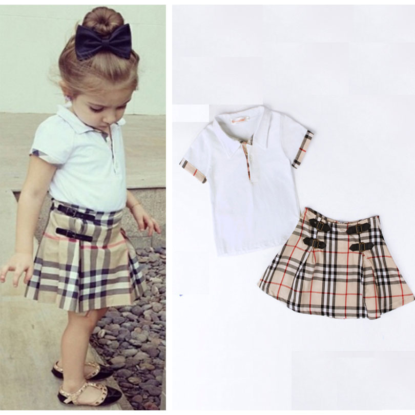 new style girl kids clothing sets white tops + plaid skirts 2 piece set fashion girls casual suit clothes children's clothes