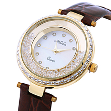 Marca de fábrica famosa mujeres correa de cuero relojes de pulsera llegada elegante móvil cristales diseño de larga duración Ionic Plating 6 colores cuarzo