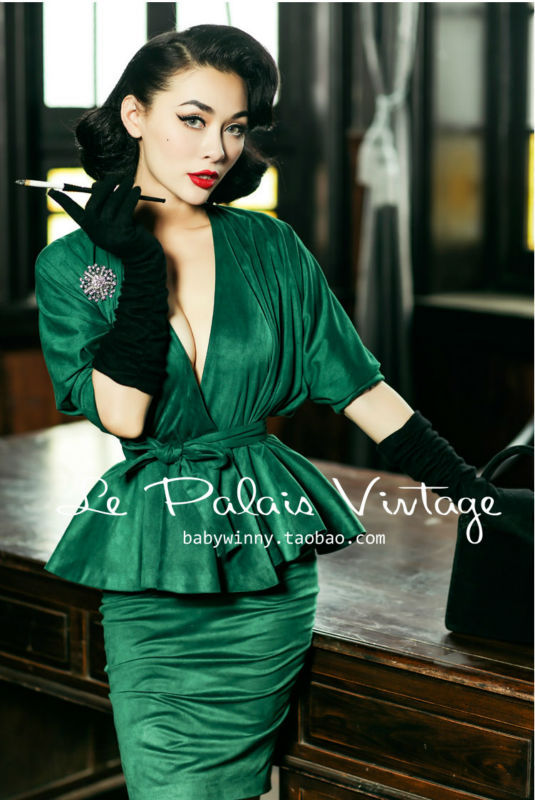 Le Palais Vintage elegant retro emerald bat sleeve skirt shirt pencil skirt suits/woman sets