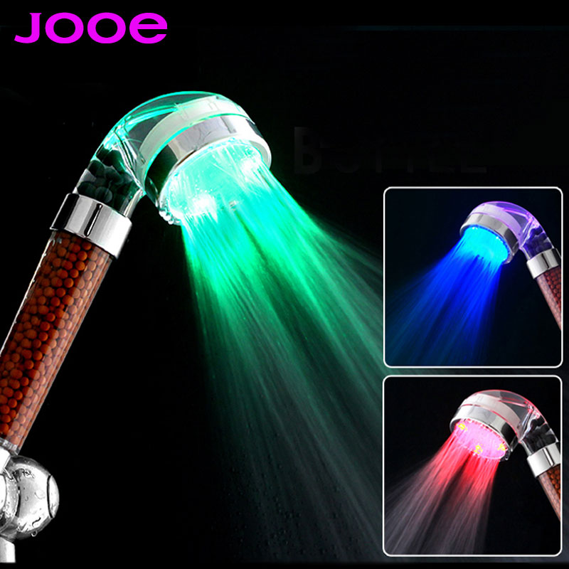 jooe LED shower head Negative ion spa shower head Temperature sensor 3 Colors light abs Showers Filter bathroom accessories