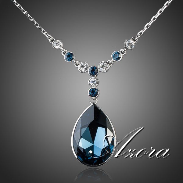 AZORA Platinum Plated Big Irregular Shape Ink Blue Stellux Austrian Crystal Pendant Jewelry Necklace TN0064
