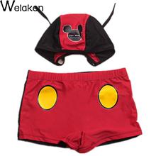 New Fashion 2016 Kid Swimming Trunks With Cute Mouse Print Swimming Cap High Quality Children Boy Trunks Suit Set