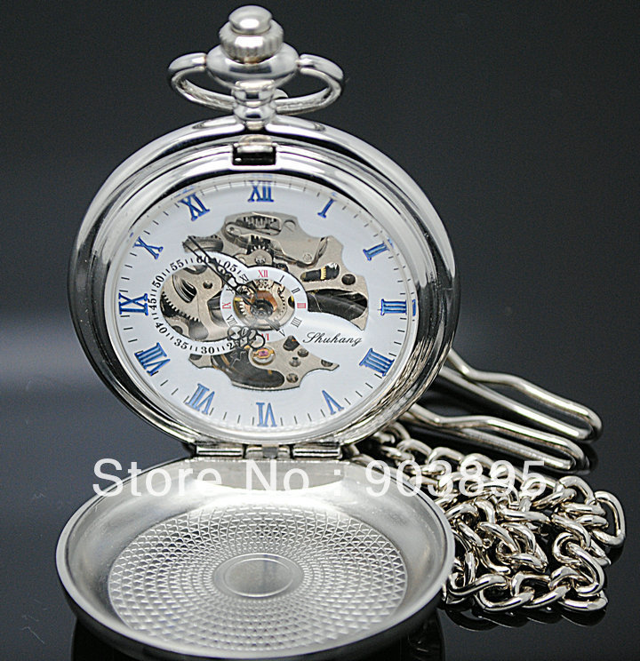 Russian Vingtage Silver Soviet BOLSHEVIK Mechanical FOB Pocket Watch Mens Military Pendant Watch Chain free ship