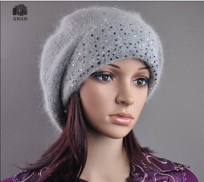 2015 fashion beanie with diamond cap women\'s rabbit fur hat knitted winter wool hat women beret cap 