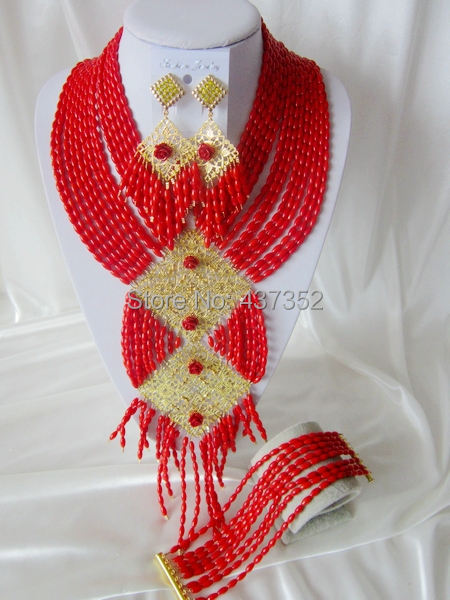 Handmade Nigerian African Wedding Beads Jewelry Set , Coral Beads Bridal Jewelry Set CWS-460