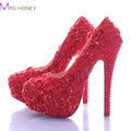 Wedding Shoes for Bride Elegant Red Lace Bridal Dress Shoes Glitter Platform High Heel Shoes Beautiful
