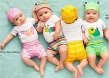 2015 New cotton children cartoon baby boys girls sets clothes 3pcs Long sleeved Romper hat pants