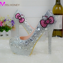 Hello Kitty Silver Rhinestone Bridal Wedding Shoes Graudation Party Prom High Heel Shoes Formal Dress Pumps Plus Size