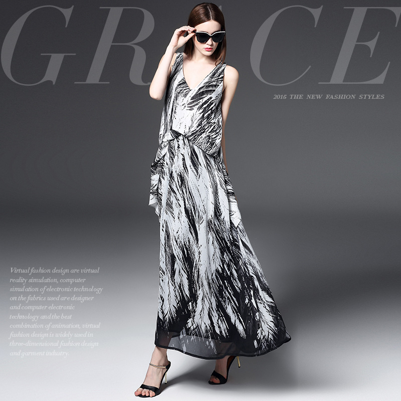 spring and summer 2016 European women's black and white color printing personality temperament long dress waist fold