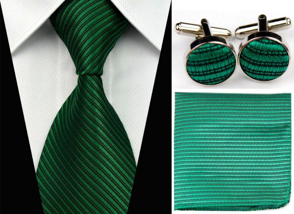 SNT0097 Men s Formal Suit Ties Business Casual Tie Striped Green Necktie Gift Set Tie Hanky