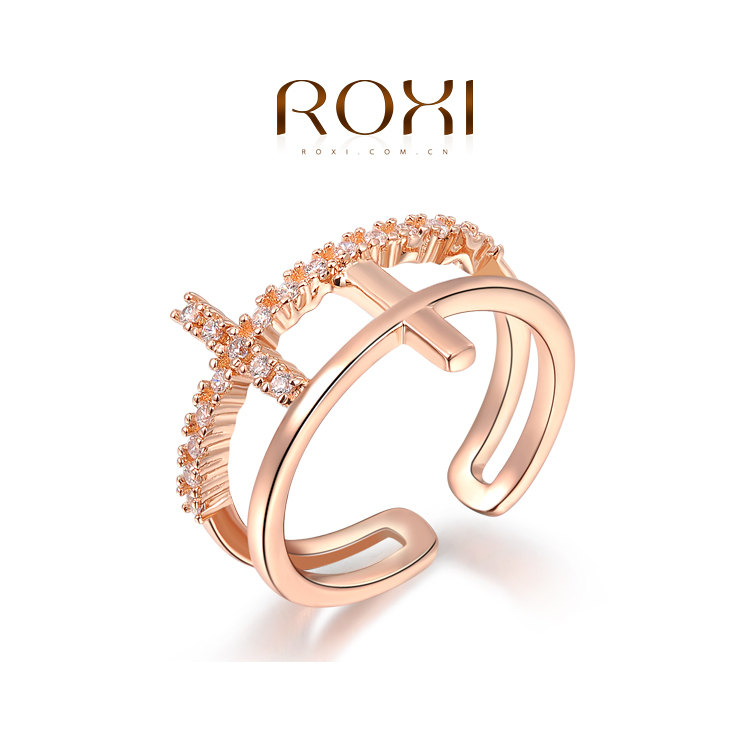 1PCS Free Shipping Rose Gold Plated Fashion Double Cross Ring with Zircon Crystals Opening Rings Jewelry