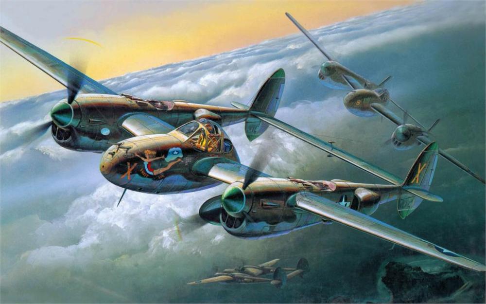 (MONTAGE PROJET AA)P-38 J Lightning 1st Lt. Rolland E.Levey 474th FG/429th FS/9th AF 1/48 - Page 3 Lockheed-P-38-Lightning-art-vol-militaire-sky-nuages-pilote-cockpit-rétro-4-tailles-décoration-toile