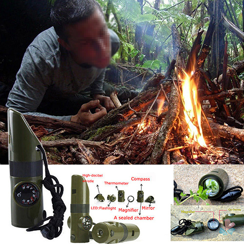 7 In 1 Camping Survival Compass Thermometer Flashlight Magnifier Whistle Tool