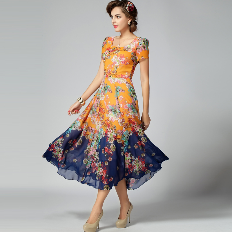summer women's floral print long dress high quality chiffon maxi dress ...